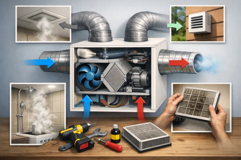 Open ventilatie-unit met luchtkanalen, ventilator en filteronderhoud in woning.