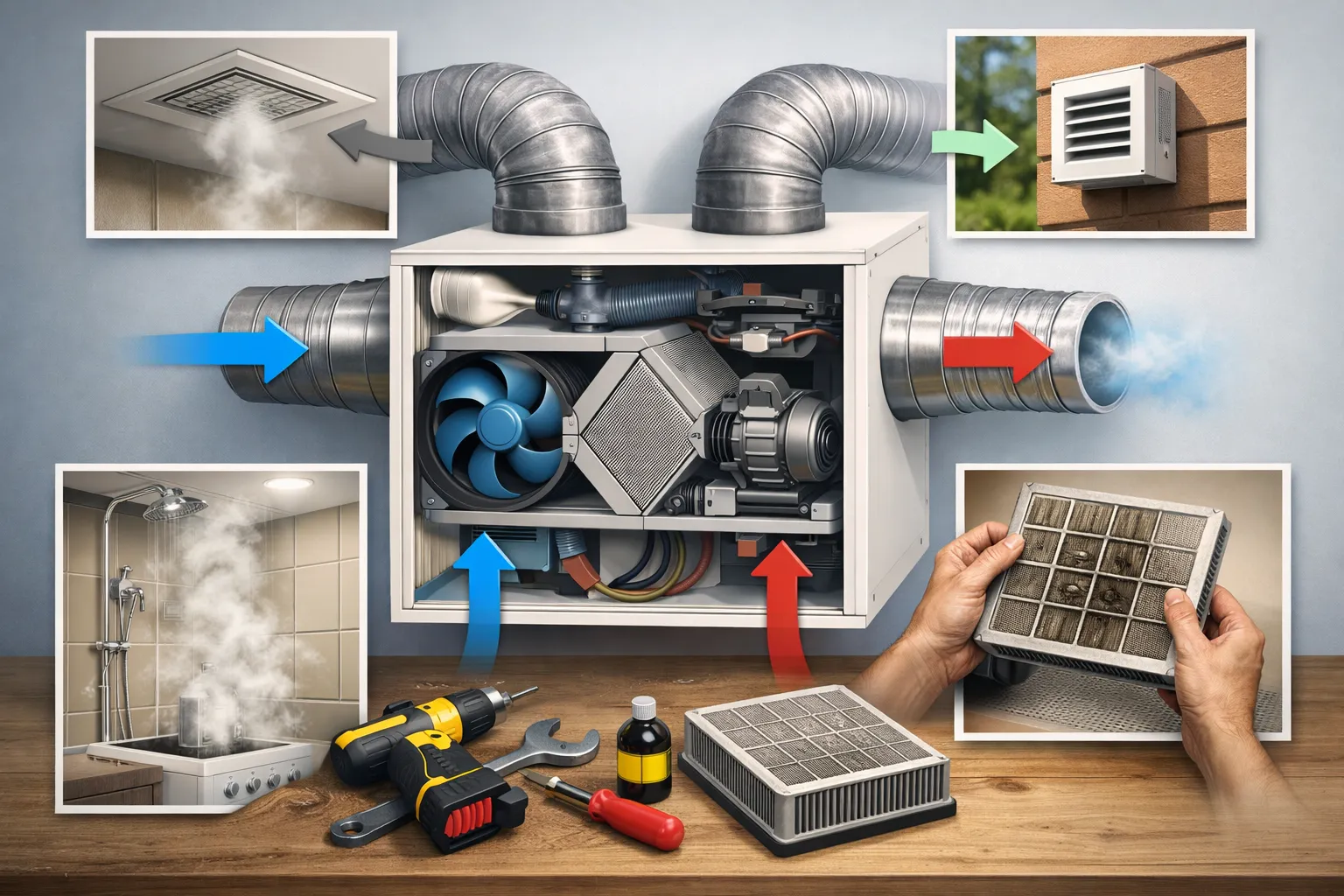 Open ventilatie-unit met luchtkanalen, ventilator en filteronderhoud in woning.