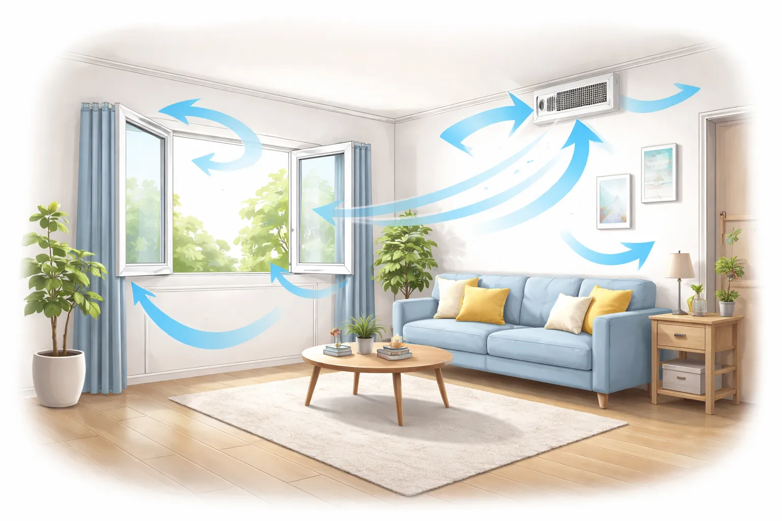 Woonkamer met open ramen en ventilatiesysteem voor frisse lucht.