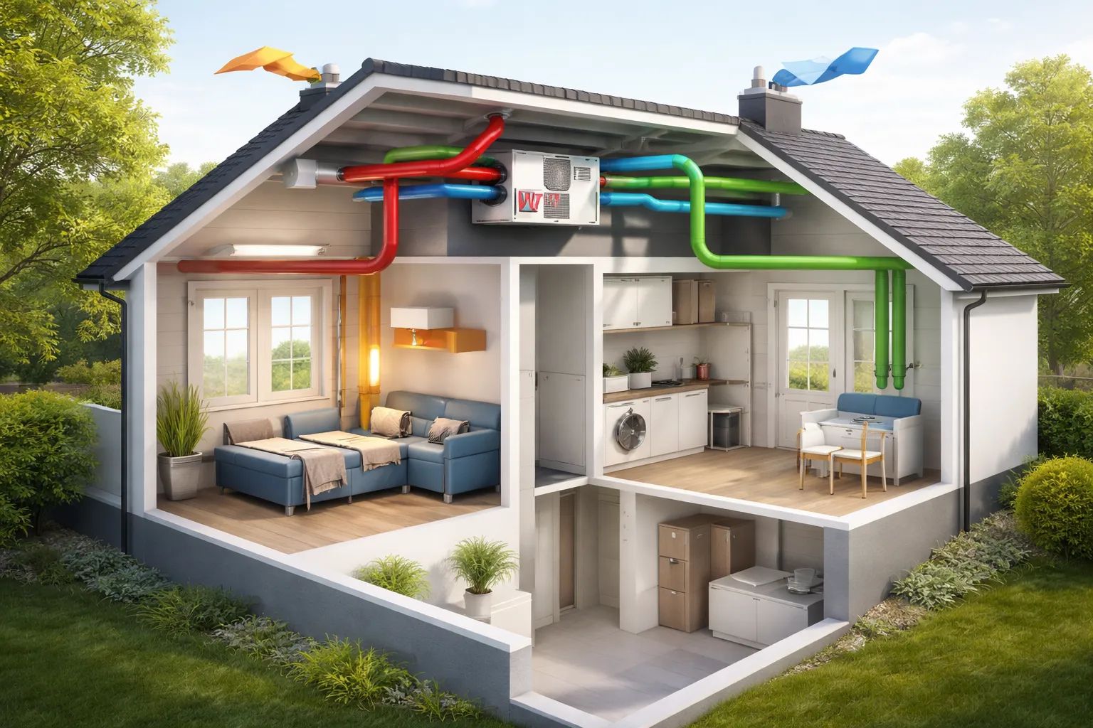 Doorsnede van huis met WTW-systeem en ventilatiekanalen