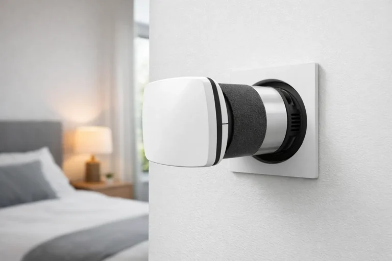 Moderne decentrale ventilatie-unit in witte muur van slaapkamer