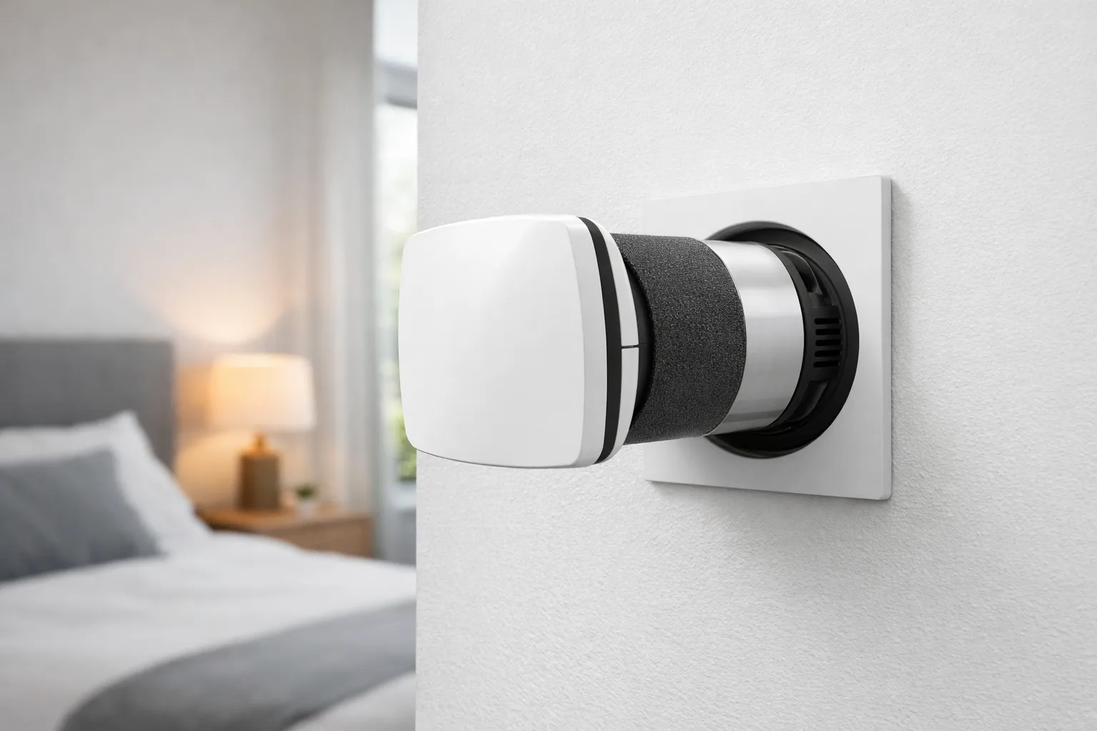 Moderne decentrale ventilatie-unit in witte muur van slaapkamer