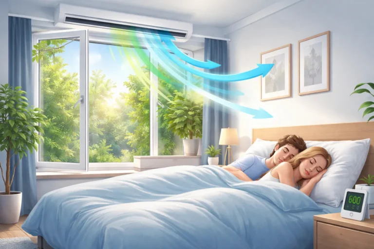 Moderne slaapkamer met automatisch ventilatiesysteem voor frisse lucht en energiebesparing.