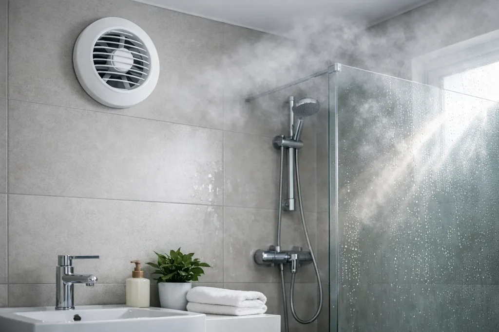 Moderne badkamer met ventilatiesysteem en zichtbare condenspreventie