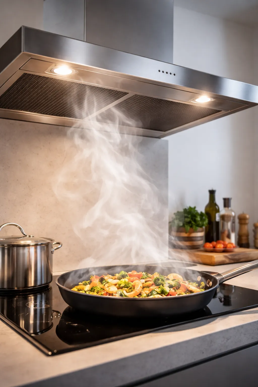 Moderne keuken met mechanische ventilatie die kooklucht, vet en vocht afvoert.