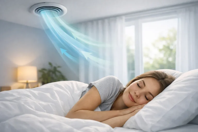 Vrouw slaapt rustig met mechanische ventilatie boven het bed