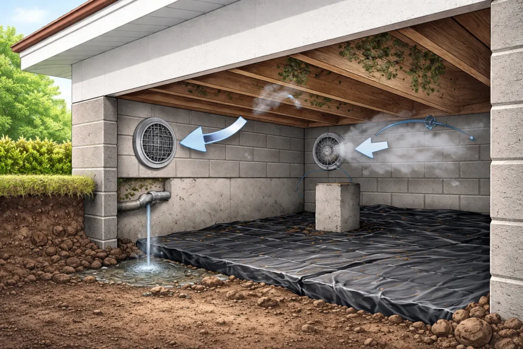 Geventileerde kruipruimte onder woning met ventilatieroosters en droge ondergrond