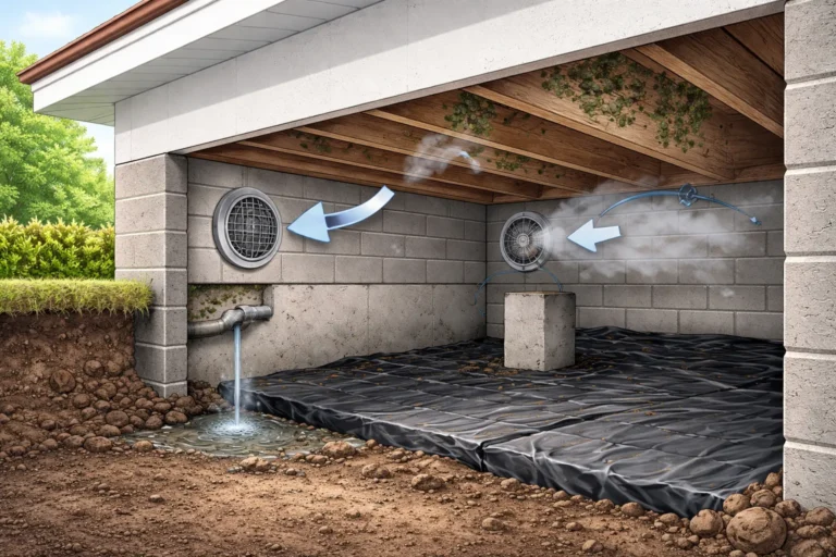 Geventileerde kruipruimte onder woning met ventilatieroosters en droge ondergrond