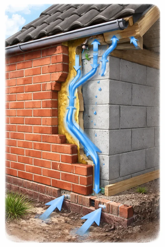 Doorsnede van een gevel met geventileerde spouw en luchtstroom tegen vocht.