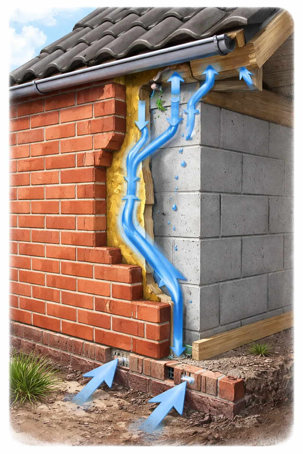 Doorsnede van een gevel met geventileerde spouw en luchtstroom tegen vocht.