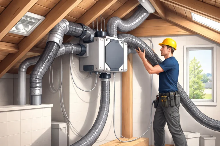 Technicus installeert mechanisch ventilatiesysteem in plafond van een moderne woning