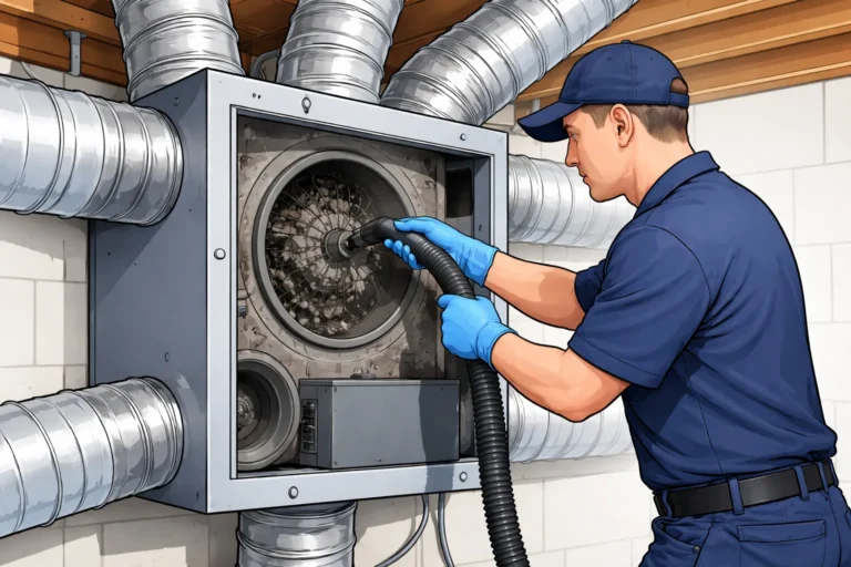 Technicus reinigt mechanische ventilatie-unit in huis