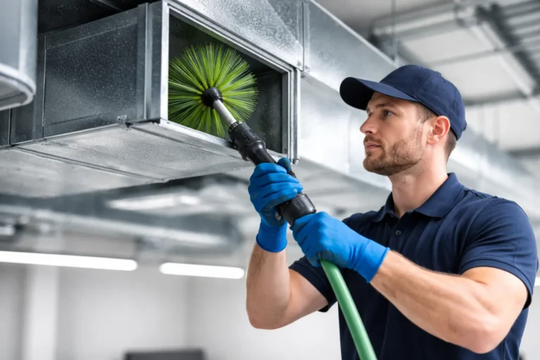 Monteur reinigt ventilatiekanaal met roterende borstel in bedrijfspand.