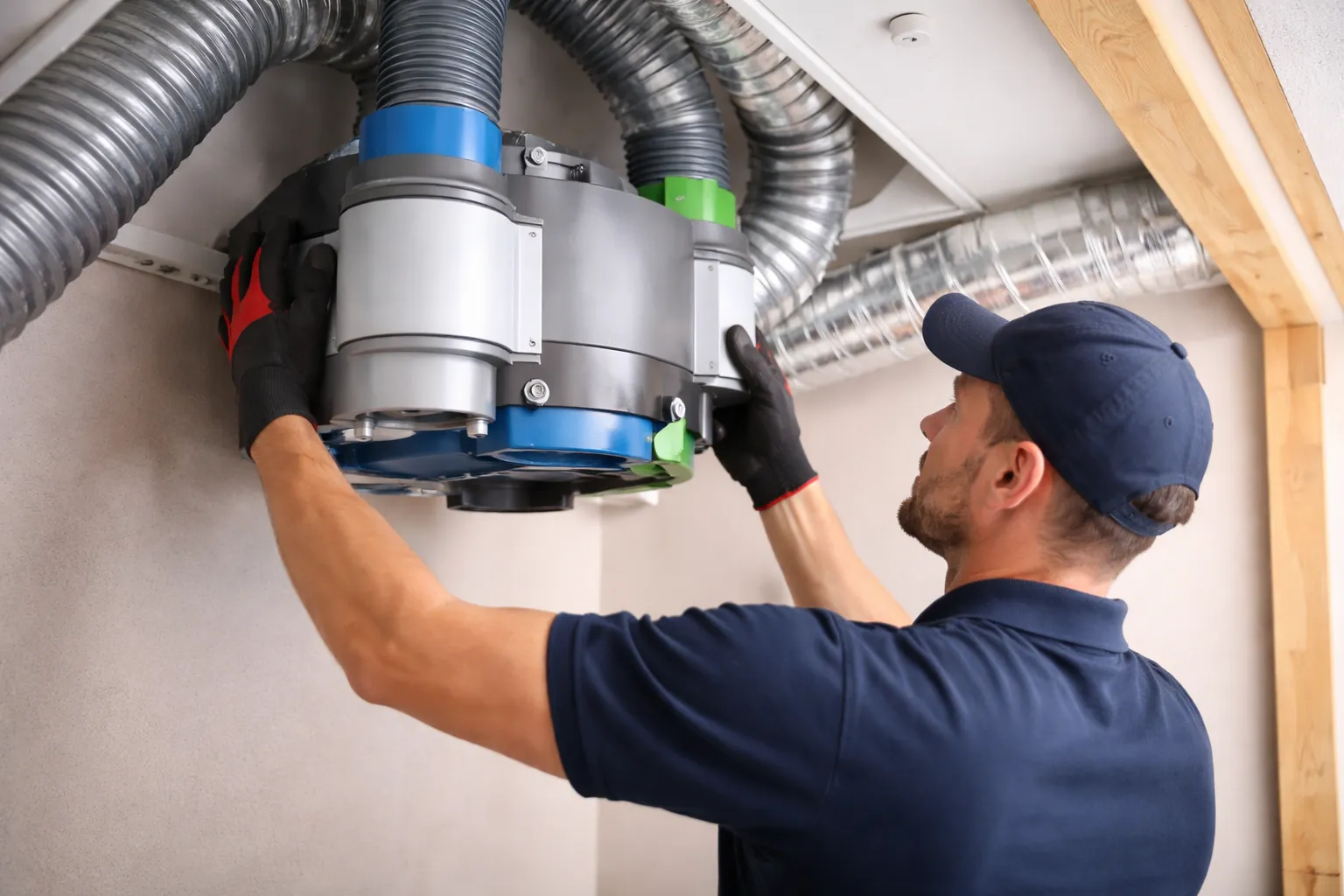 Monteur installeert een nieuwe mechanische ventilatie-unit op zolder.