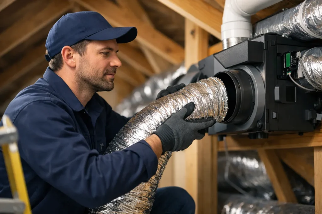 Installateur sluit ventilatiebuis aan op ventilatiesysteem op zolder.
