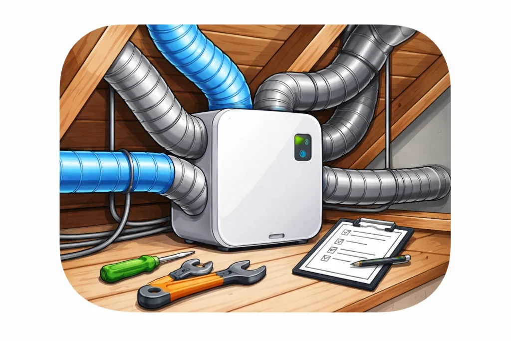 Rechthoekige ventilatiebox gemonteerd aan het plafond in een woning