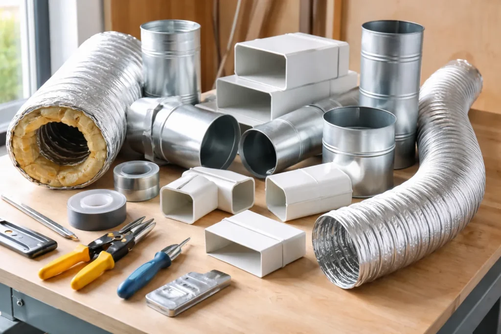 Ronde metalen ventilatiebuis gemonteerd langs plafond in huis