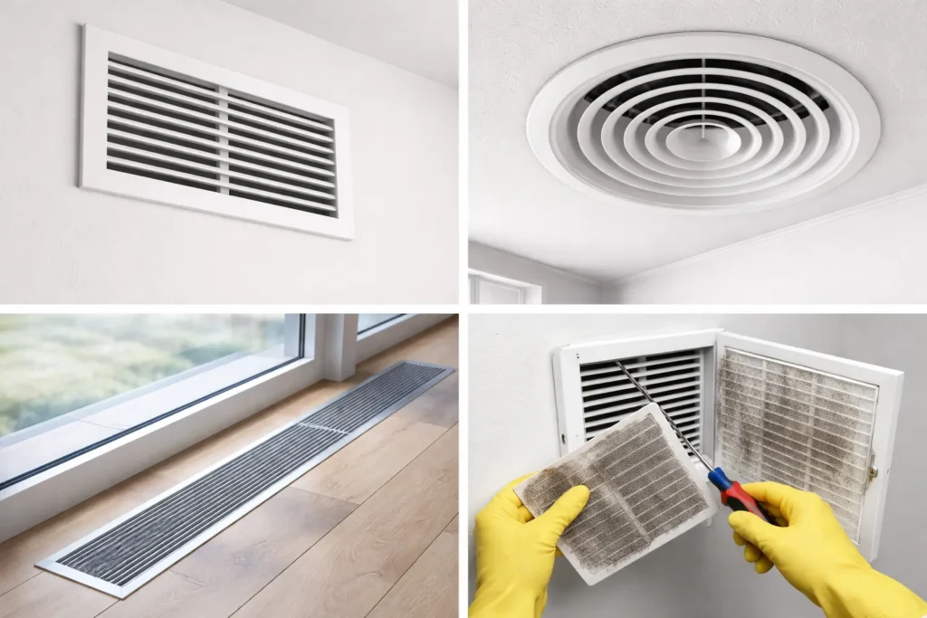 Verschillende ventilatieroosters aan muur, plafond en vloer met onderhoudssituatie