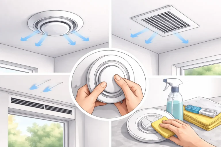 Rond ventilatieventiel gemonteerd in een wit plafond voor luchtcirculatie.