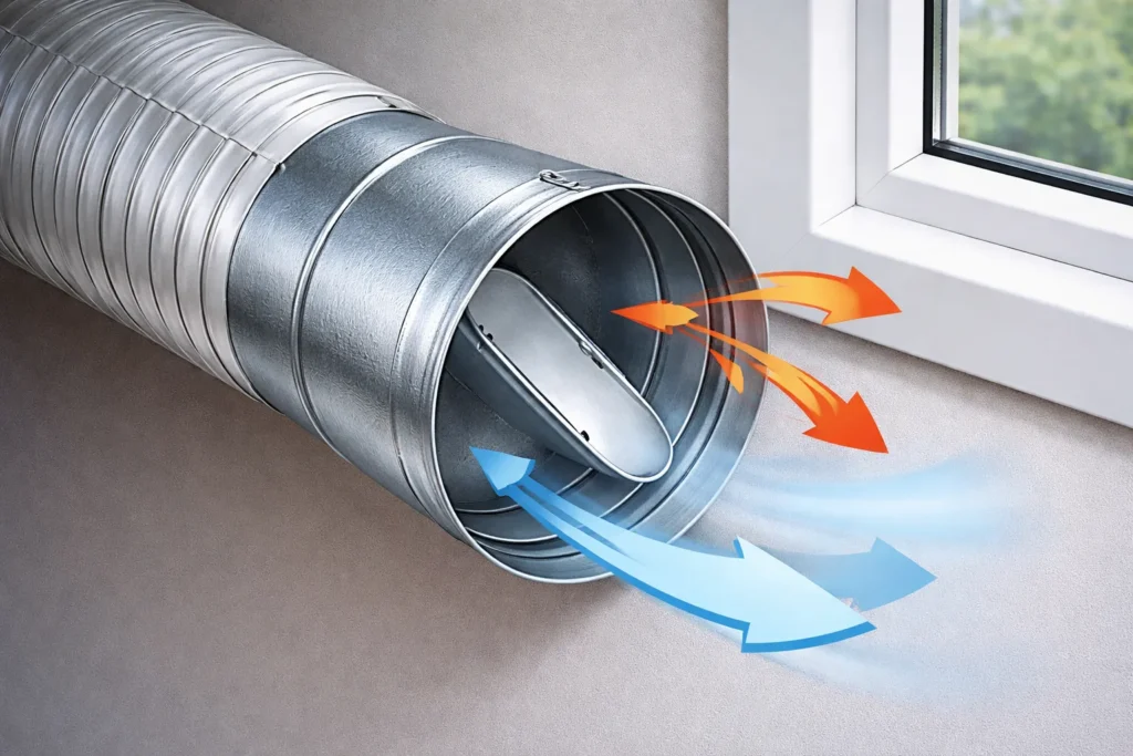 Metalen terugslagklep in ventilatiekanaal met luchtstroom die één richting op gaat.