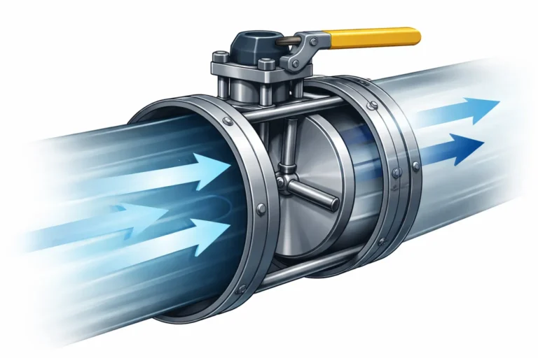 Metalen vlinderklep in een luchtkanaal met zichtbare luchtstroom.