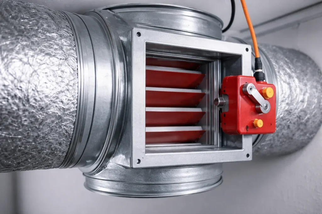 Brandklep gemonteerd in een metalen ventilatiebuis voor brandveiligheid