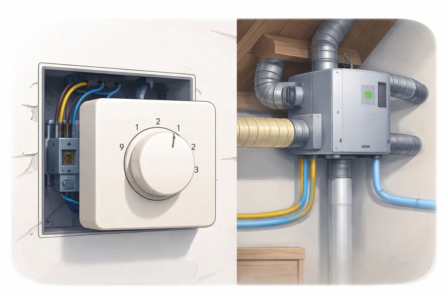 Draaiknop met drie standen aangesloten op mechanische ventilatie-unit met luchtkanalen