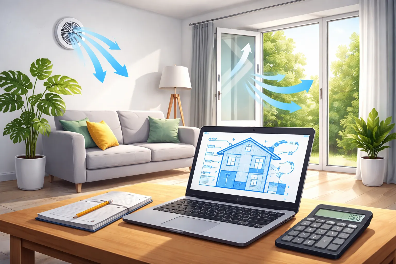 Illustratie van luchtstromen in een lichte woonkamer met open raam en ventilatierooster.