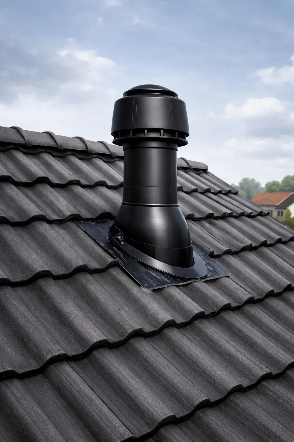 Zwarte dakdoorvoer voor ventilatie op een grijs pannendak.