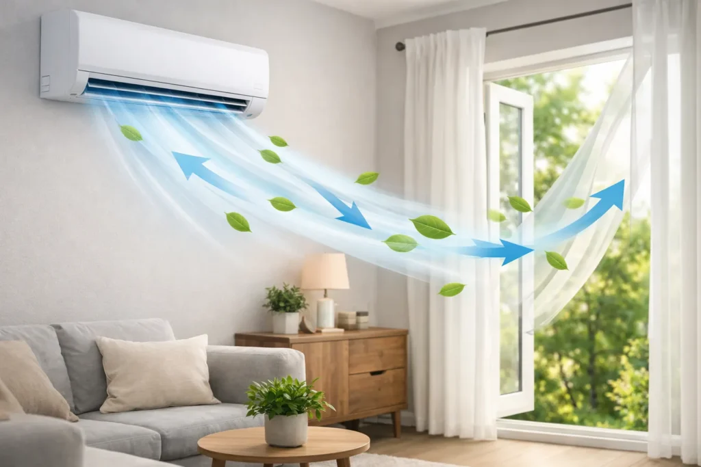 Moderne woonkamer met airconditioner aan de muur en frisse, lichte uitstraling