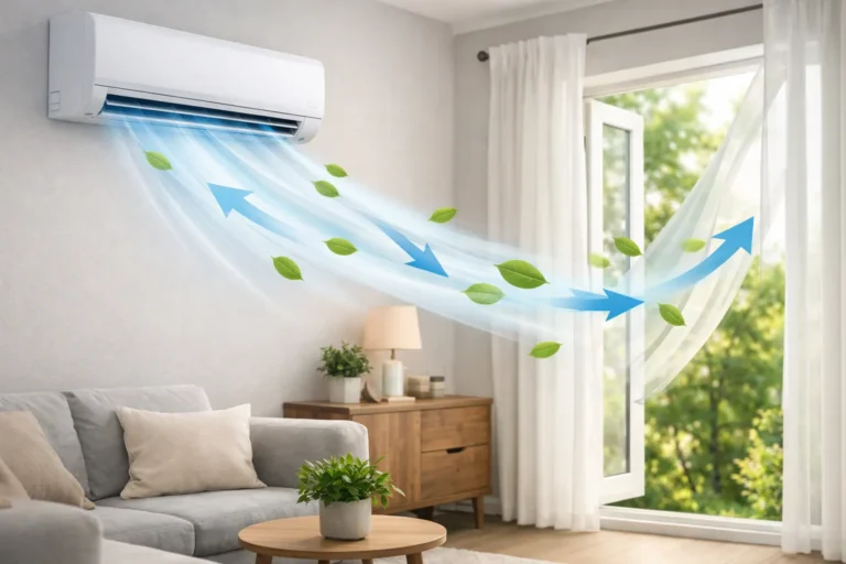 Moderne woonkamer met airconditioner aan de muur en frisse, lichte uitstraling