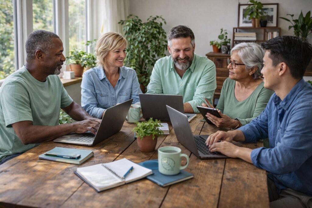 Een groep van vijf mensen met uiteenlopende achtergronden