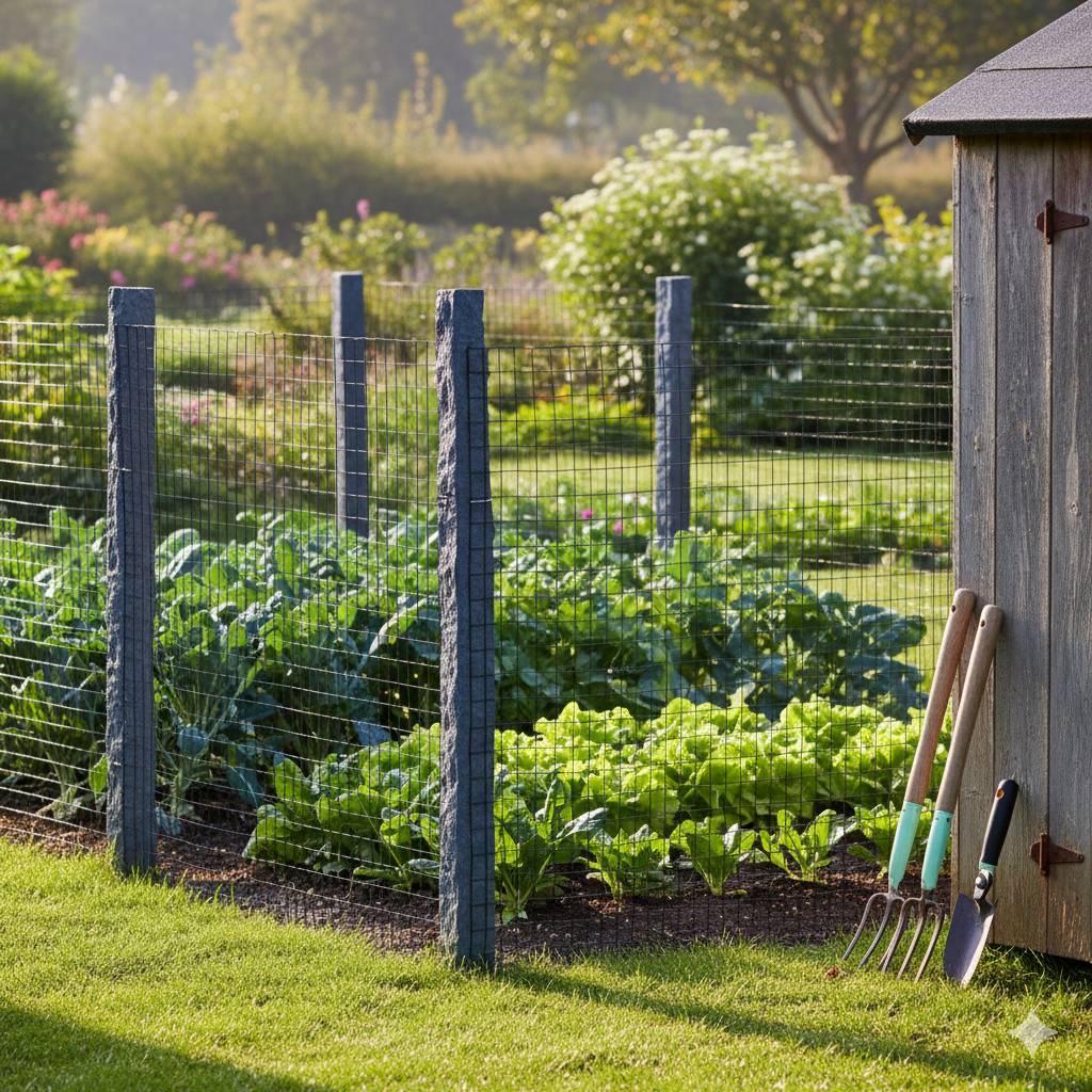 Een tuin met een gaashek rondom de moestuin