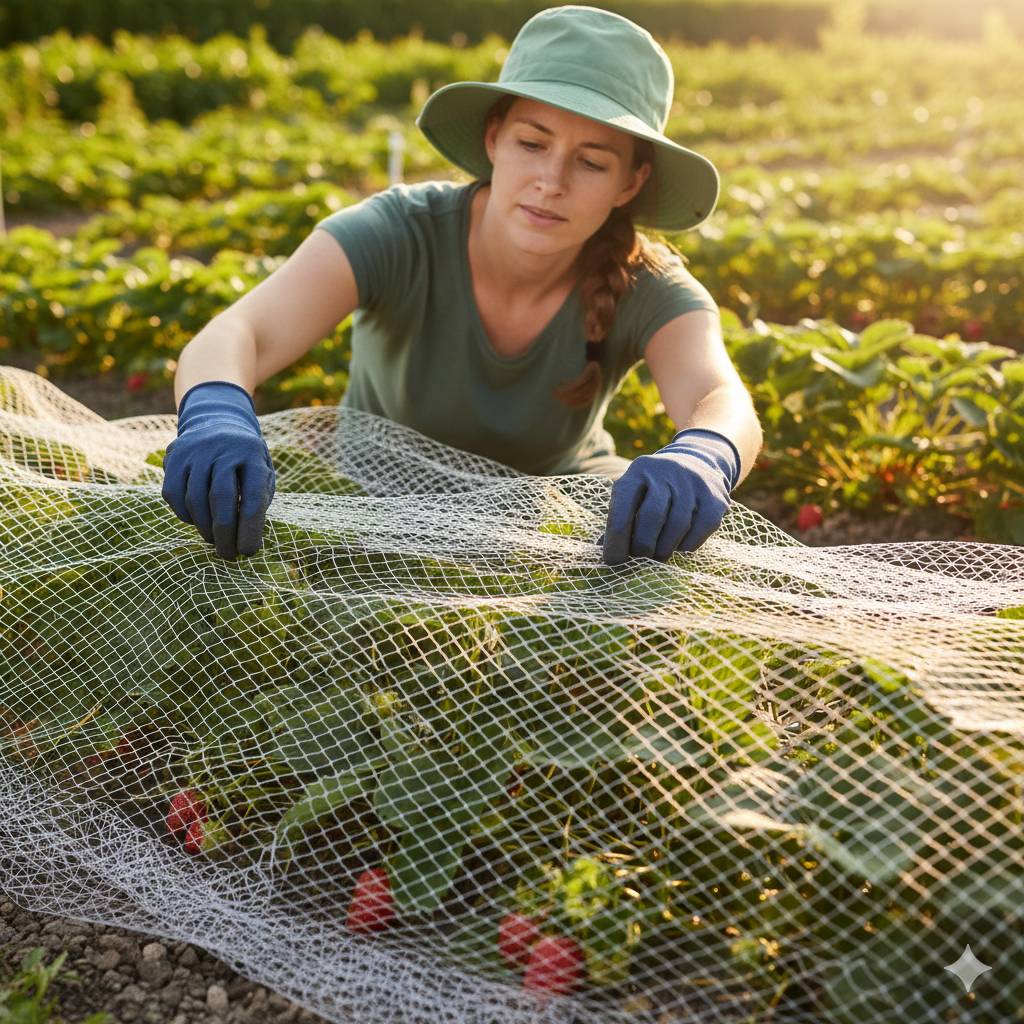 Net ter bescherming van aardbeienplanten in een moestuin